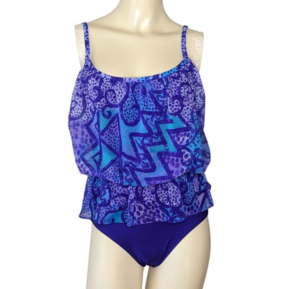 Rose Marie Reid Vintage 1980s Purple Teal ruffled low back one piece swimsuit 12
